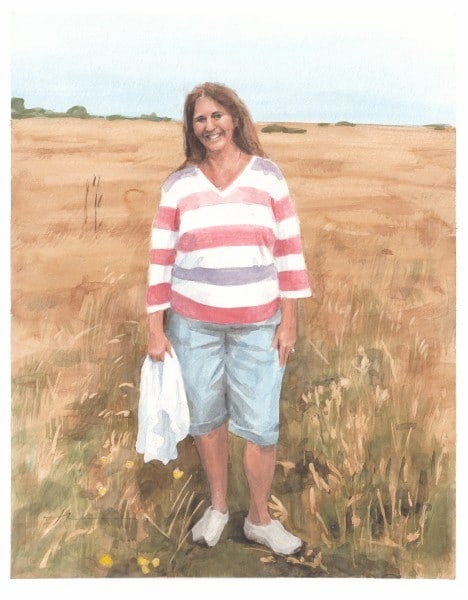 departed wife hay field watercolor portrait from a photo by portrait artist Mike Theuer