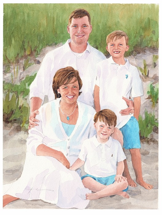 family beach watercolor painting from a photo by portrait artist Mike Theuer