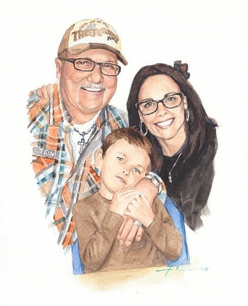 family watercolor portrait from a photo by portrait artist Mike Theuer