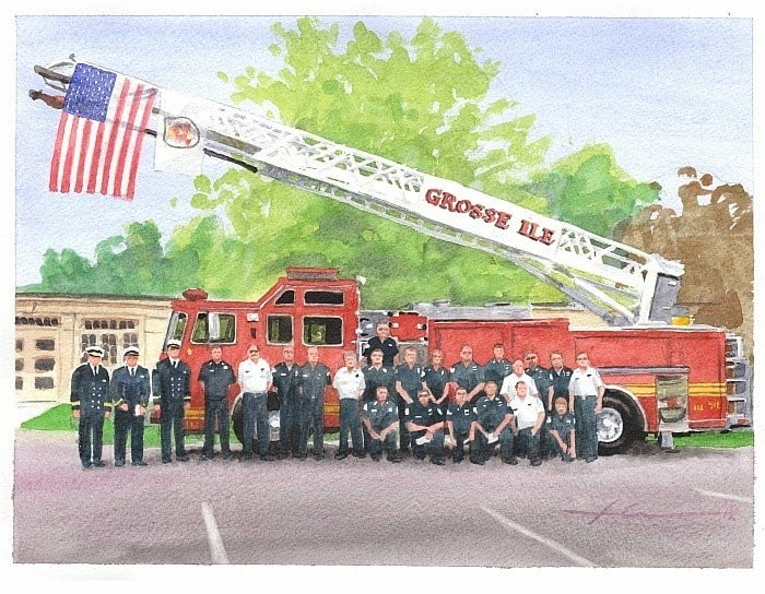 fire company watercolor painting from a photo by portrait artist Mike Theuer