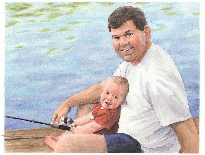 fishing with dad watercolor portrait from a photo by portrait artist Mike Theuer