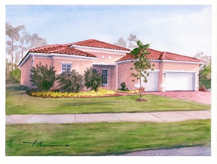 florida house watercolor portrait from a photo by portrait artist Mike Theuer