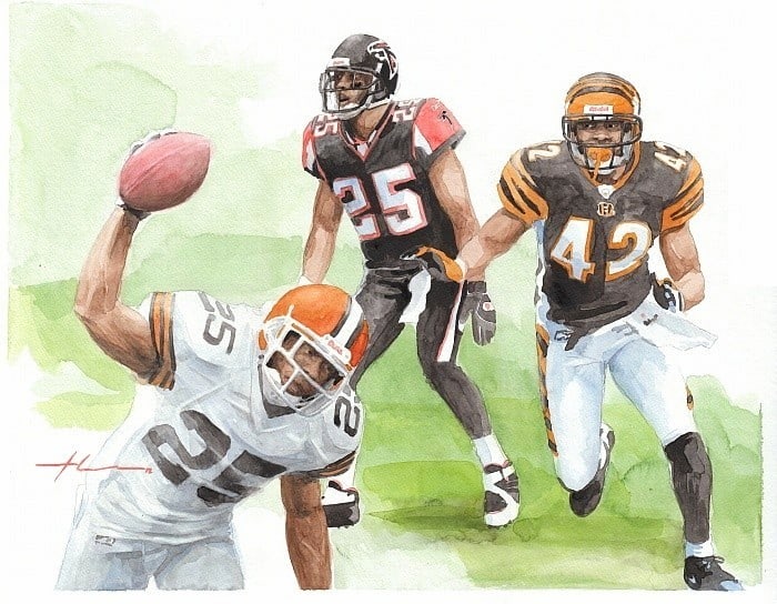 football watercolor painting from a photo by portrait artist Mike Theuer