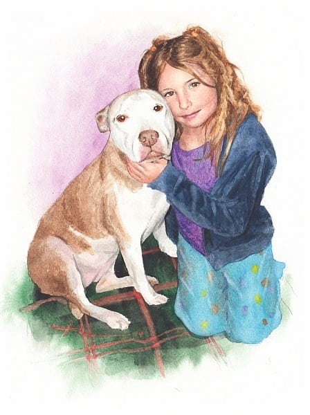 dog and granddaughter watercolor portrait from a photo by portrait artist Mike Theuer