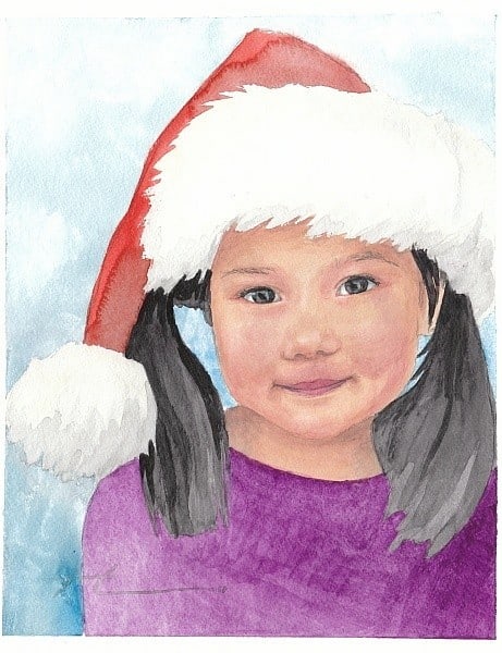 girl santa watercolor painting from a photo by portrait artist Mike Theuer