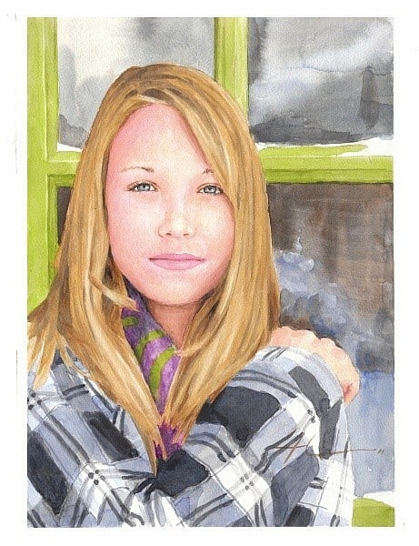 girl winter watercolor painting from a photo by portrait artist Mike Theuer