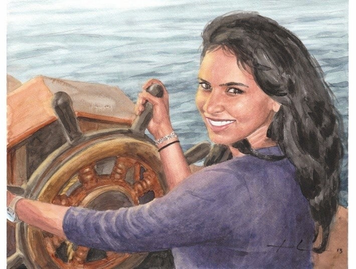 girlfriend sailing watercolor portrait from a photo by portrait artist Mike Theuer
