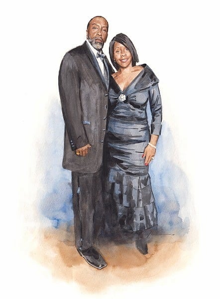 glamour couple watercolor portrait from a photo by portrait artist Mike Theuer