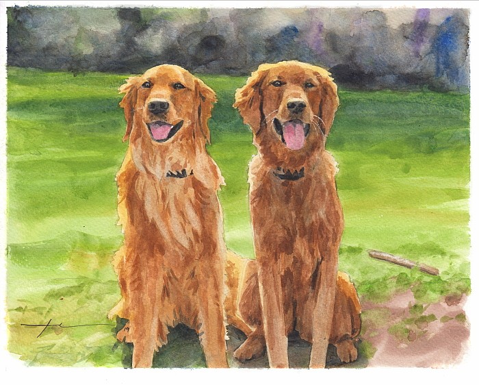 retreivers watercolor portrait from a photo by portrait artist Mike Theuer