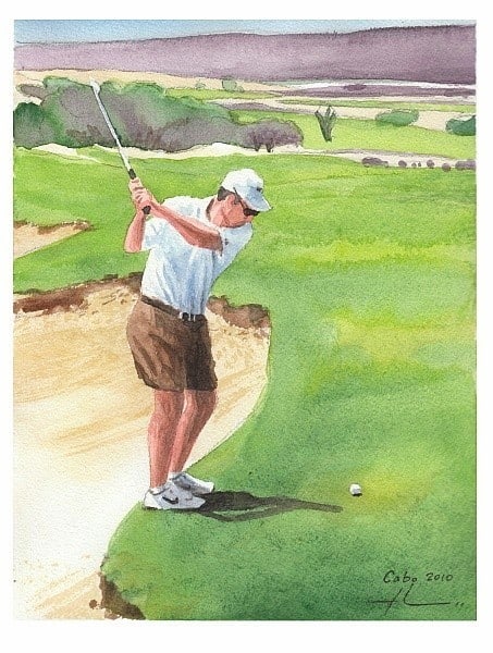 golfer watercolor painting from a photo by portrait artist Mike Theuer