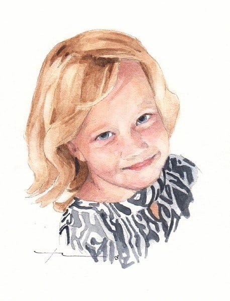 granddaughter black white dress watercolor portrait from a photo by portrait artist Mike Theuer