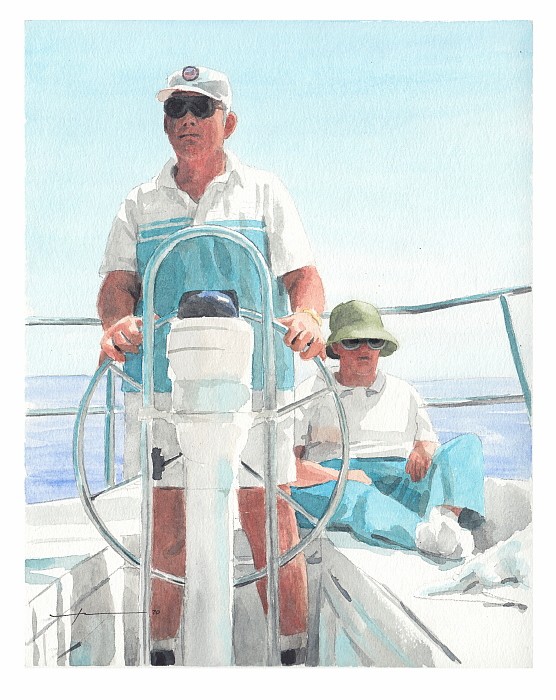 grandparents sailing watercolor portrait from a photo by portrait artist Mike Theuer