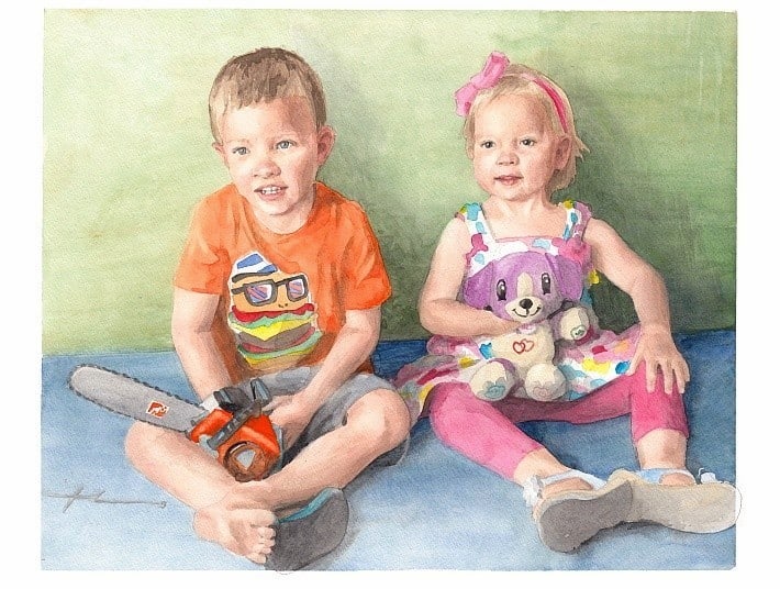 grandkids with toys watercolor portrait from a photo by portrait artist Mike Theuer