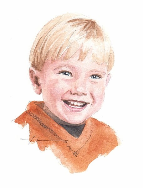 grandson orange sweater watercolor portrait from a photo by portrait artist Mike Theuer