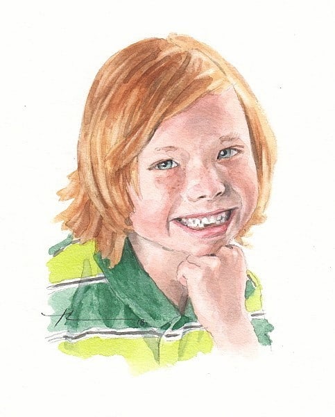 grandson red hair smiling watercolor portrait from a photo by portrait artist Mike Theuer