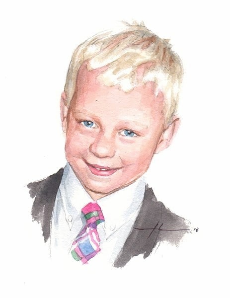 grandson in a sport coat watercolor portrait from a photo by portrait artist Mike Theuer