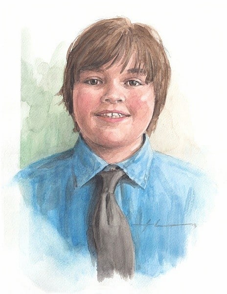 grandson watercolor portrait from a photo by portrait artist Mike Theuer