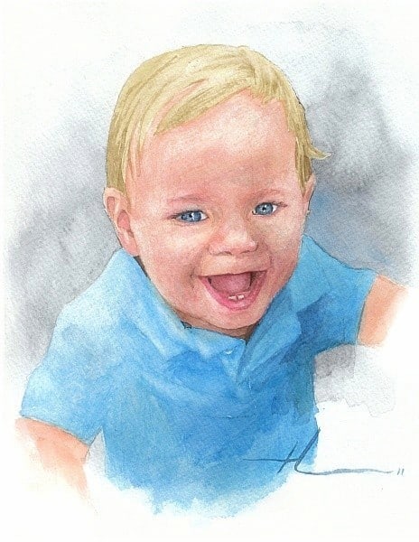 happy baby watercolor portrait from a photo by portrait artist Mike Theuer