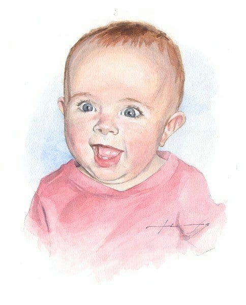 happy baby girl watercolor portrait from a photo by portrait artist Mike Theuer