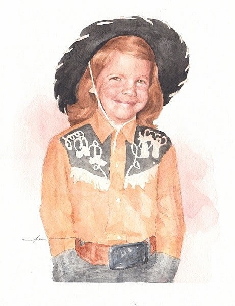 happy cowgirl watercolor portrait from a photo by portrait artist Mike Theuer