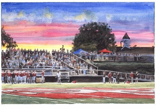 high school football coach and field watercolor portrait from a photo by portrait artist Mike Theuer