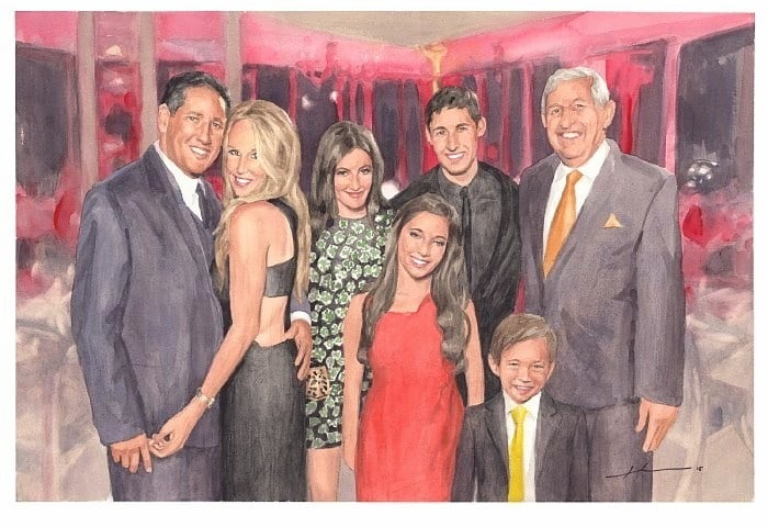 hollywood family watercolor portrait from a photo by portrait artist Mike Theuer