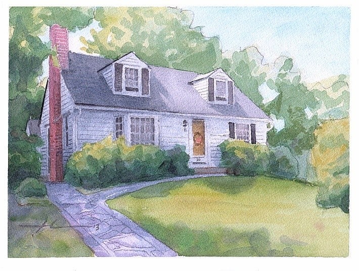 house sold watercolor portrait from a photo by portrait artist Mike Theuer