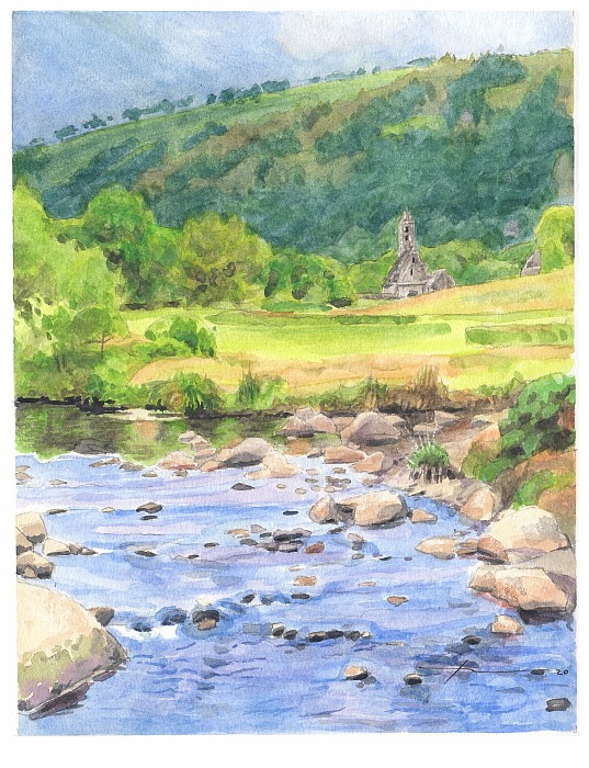 irish stone church watercolor portrait from a photo by portrait artist Mike Theuer