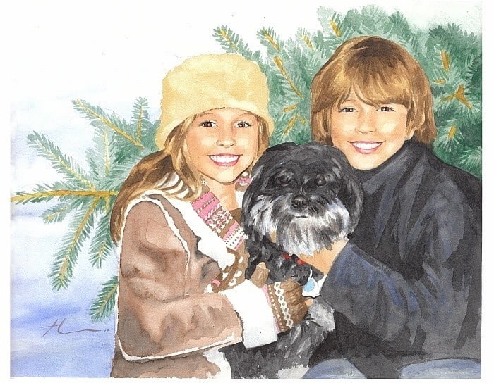 kids and dog with christmas tree watercolor portrait from a photo by portrait artist Mike Theuer