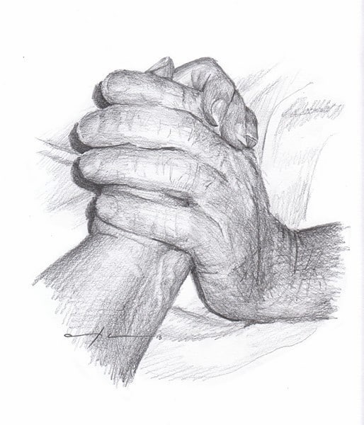 last holding hands pencil portrait from a photo by portrait artist Mike Theuer