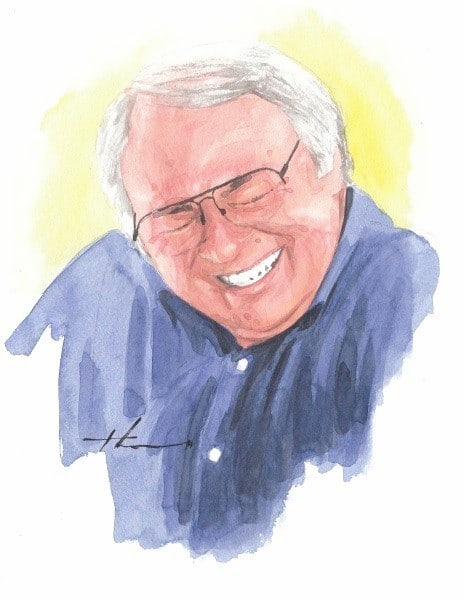 laughing man watercolor portrait from a photo by portrait artist Mike Theuer