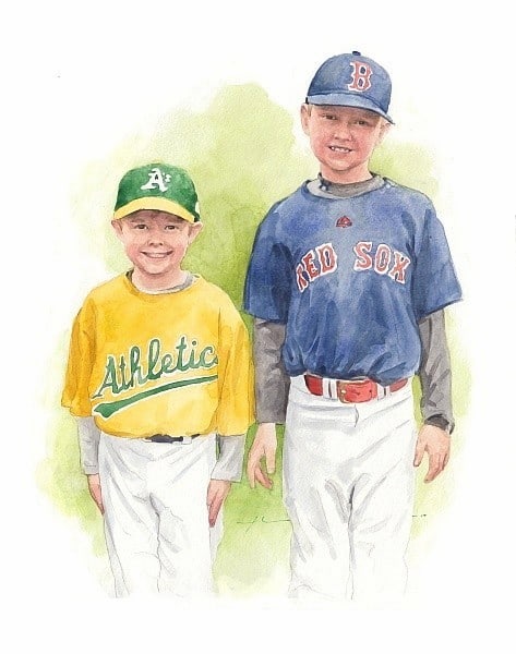 little league brothers watercolor portrait from a photo by portrait artist Mike Theuer