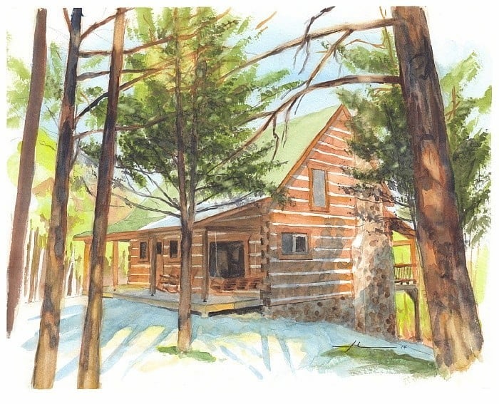 log cabin in the woods watercolor portrait from a photo by portrait artist Mike Theuer