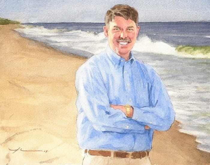 departed husband on beach watercolor portrait from a photo by portrait artist Mike Theuer