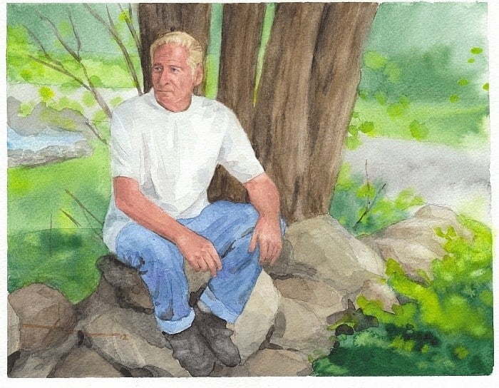 man on a rock wall watercolor painting from a photo by portrait artist Mike Theuer