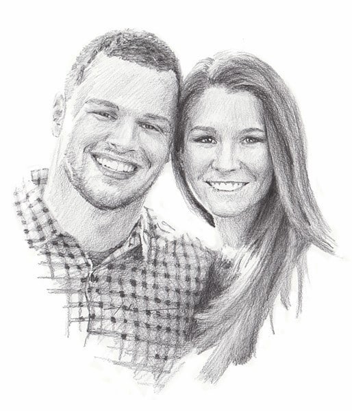 married couple smiling two pencil portrait from a photo by portrait artist Mike Theuer