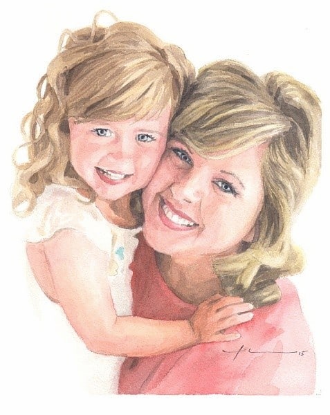 mom and daughter watercolor portrait from a photo by portrait artist Mike Theuer