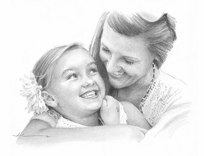 mom and daughter pencil drawing from a photo by portrait artist Mike Theuer