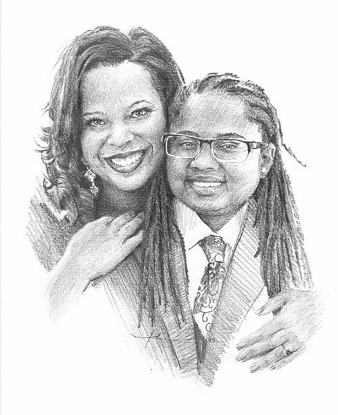 mom and son event pencil portrait from a photo by portrait artist Mike Theuer