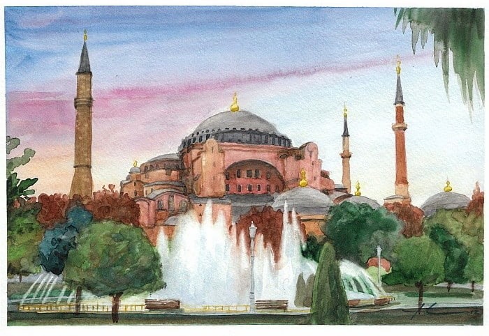 mosque watercolor painting from a photo by portrait artist Mike Theuer
