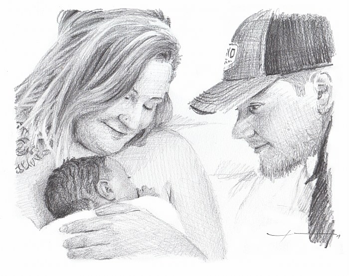 newborn and parents pencil portrait from a photo by portrait artist Mike Theuer