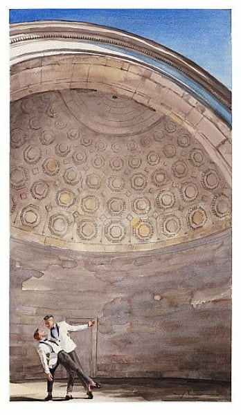 newlyweds NYC central park bandshell watercolor portrait from a photo by portrait artist Mike Theuer