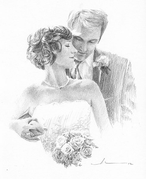 newlyweds drawing from a photo by portrait artist Mike Theuer