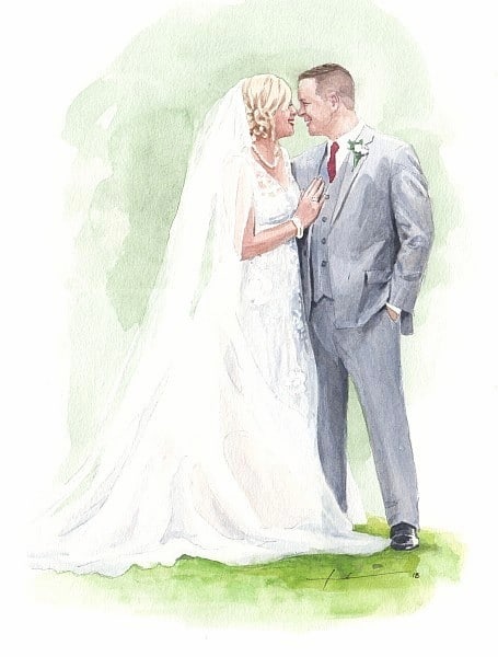 newlyweds touching noses watercolor portrait from a photo by portrait artist Mike Theuer