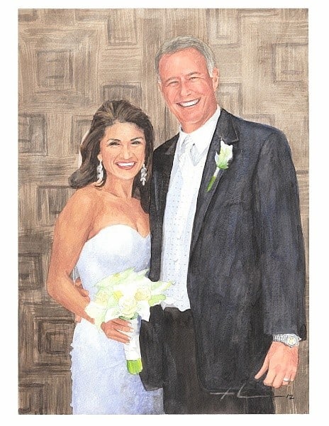 newlyweds watercolor painting from a photo by portrait artist Mike Theuer