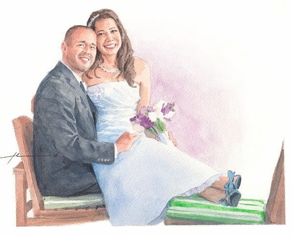 newlyweds watercolor portrait from a photo by portrait artist Mike Theuer