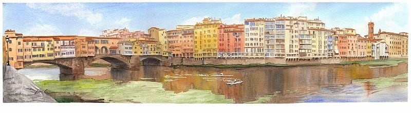 ponte vecchio watercolor painting from a photo by portrait artist Mike Theuer