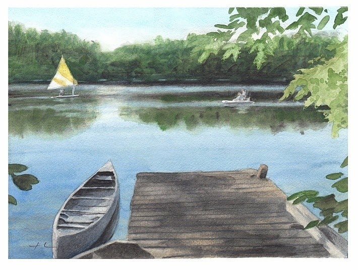 quiet lake watercolor portrait from a photo by portrait artist Mike Theuer