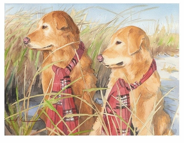 retrievers beach watercolor portrait from a photo by portrait artist Mike Theuer