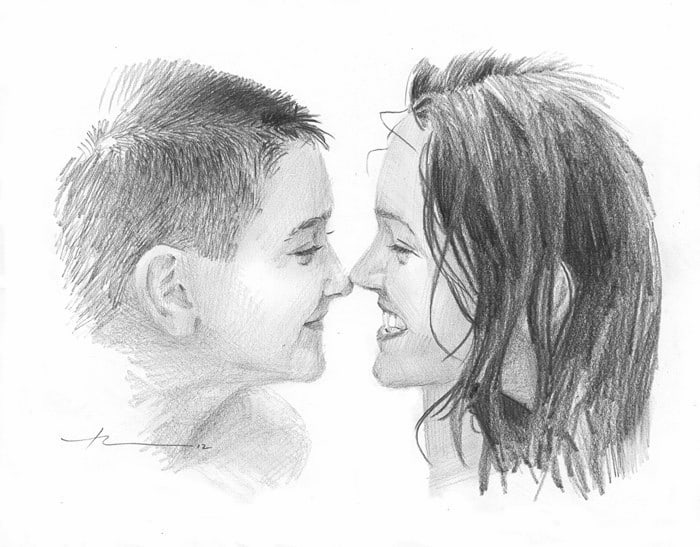 siblings beach pencil drawing from a photo by portrait artist Mike Theuer